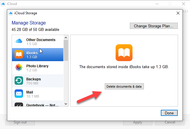 iCloud لوحة التحكم إدارة لقطة شاشة التخزين