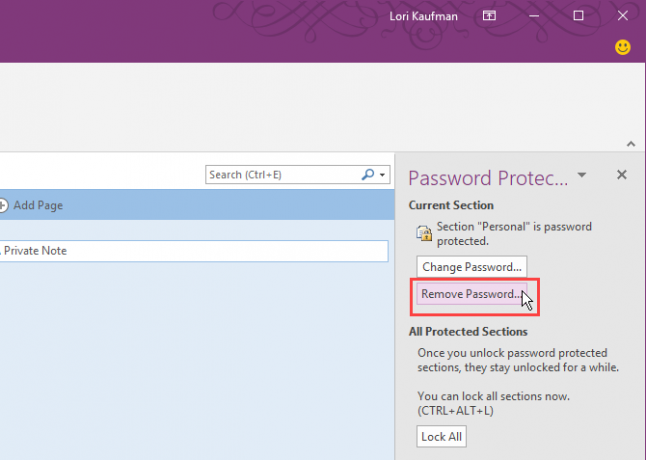 انقر فوق إزالة كلمة المرور في OneNote 2016