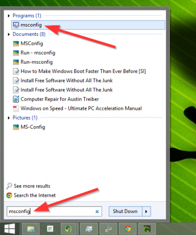 2.1 مربع البحث في قائمة ابدأ في Windows - msconfig