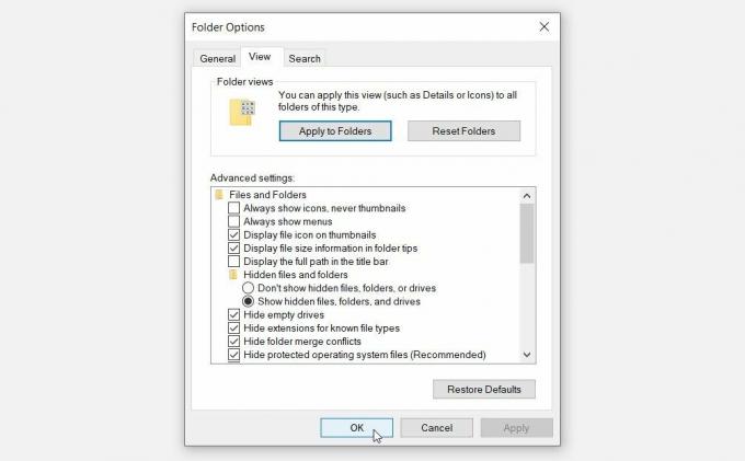 علامة التبويب " عرض" في شاشة خيارات مجلد Windows