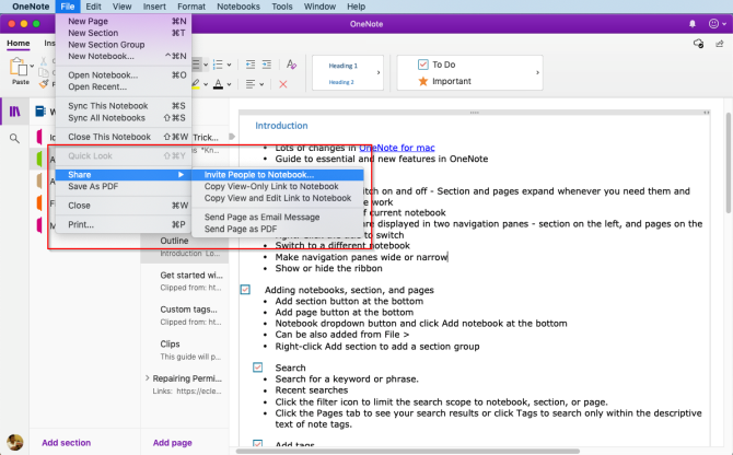 المشاركة والتعاون في OneNote Mac