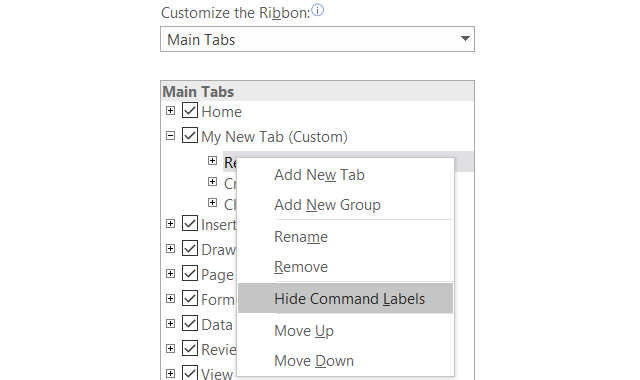 Office2016 إخفاء CommandLabels