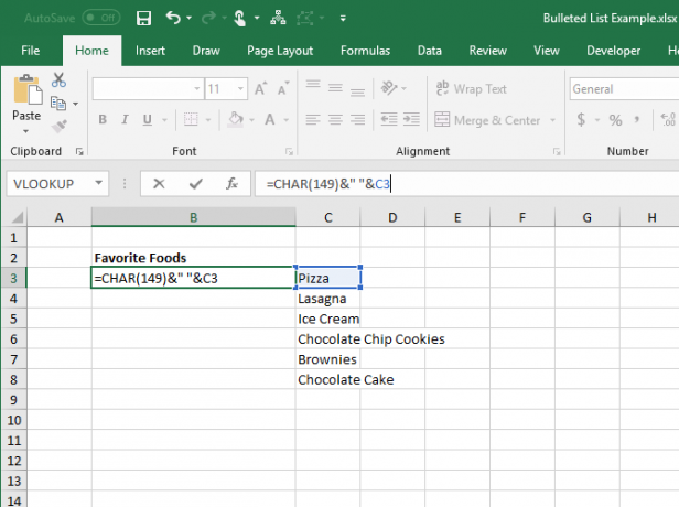 إنشاء قائمة ذات تعداد نقطي من العناصر في عمود آخر في Excel