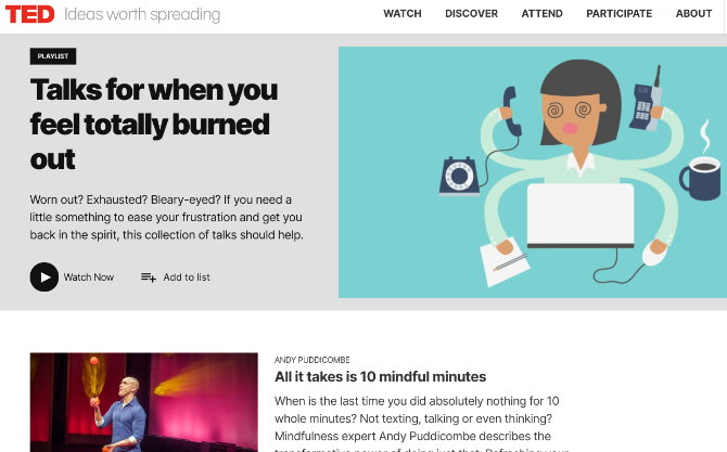 قامت TED Talks بتجميع قائمة تشغيل مجانية من مقاطع الفيديو لأولئك الذين يشعرون بالإرهاق في العمل