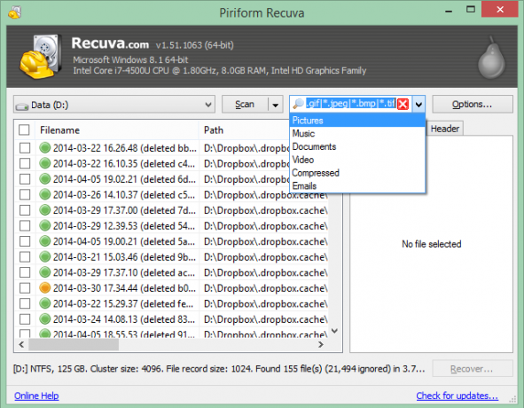 هذا هو لقطة شاشة واحدة من أفضل برامج ويندوز لاستعادة الملفات المحذوفة. يطلق عليه Piriform Recuva.