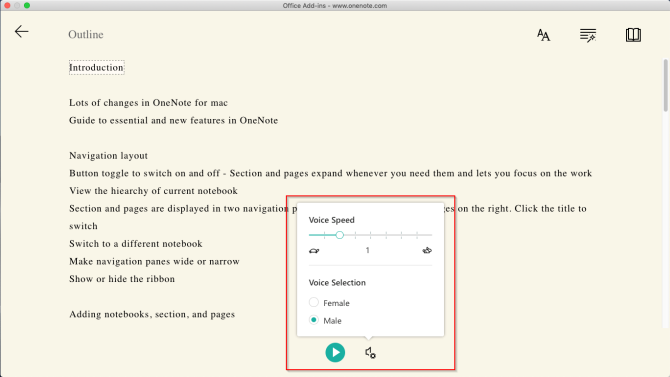 قارئ غامر بملء الشاشة في OneNote Mac