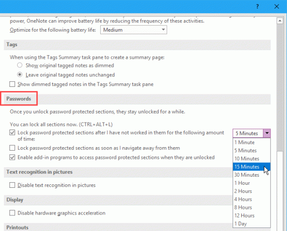 خيارات كلمات المرور في OneNote 2016
