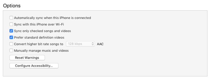 شاشة خيارات iTunes