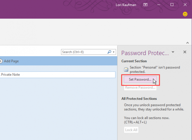 انقر فوق تعيين كلمة المرور في OneNote 2016