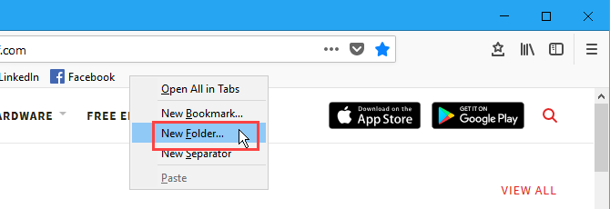 قم بإنشاء مجلد إشارات مرجعية جديد على شريط الإشارات المرجعية في Firefox