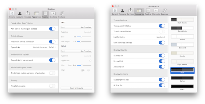 إعدادات Mac RSS Reader Reeder