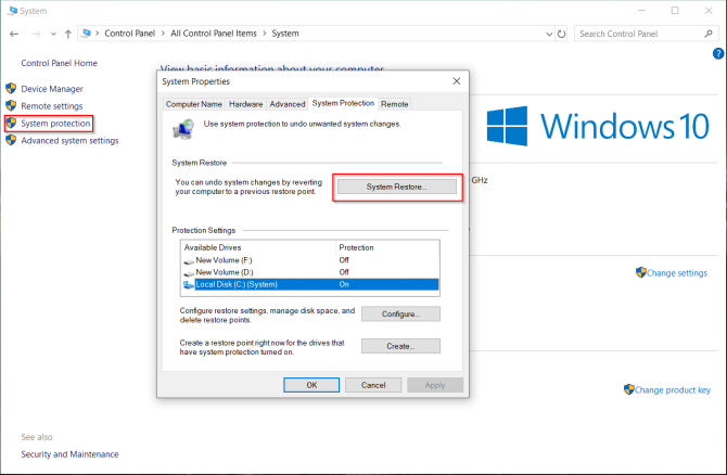 إنشاء نقطة استعادة في Windows 10