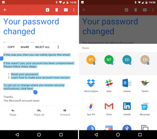 Android Gmail مشاركة البريد مع التطبيقات الأخرى