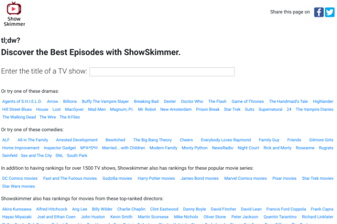 يسرد Show Skimmer أفضل خمس أو عشر حلقات من أي برنامج تلفزيوني