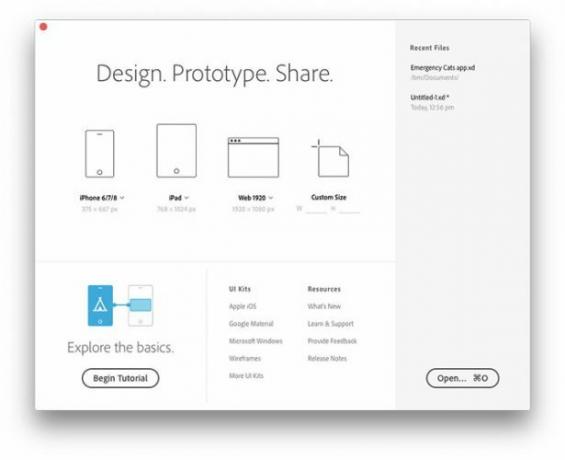 خيارات بدء تشغيل Adobe XD