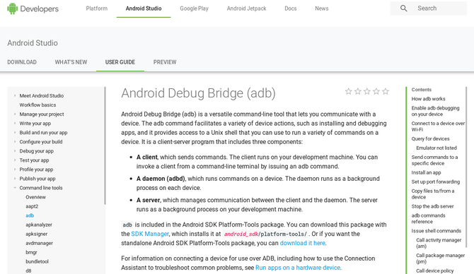 صفحة ويب Android Developers تصف ADB