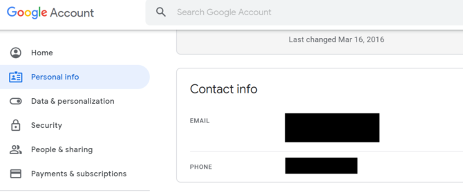 إعدادات معلومات Google الشخصية - محو رقم الهاتف