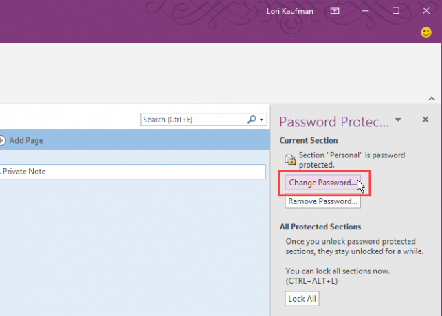 انقر فوق تغيير كلمة المرور في OneNote 2016