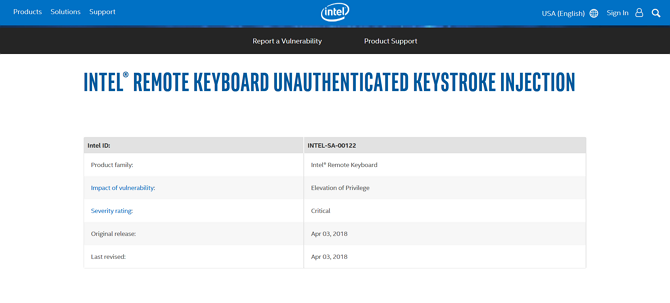 لقطة شاشة لكشف ثغرة لوحة المفاتيح عن بُعد من Intel