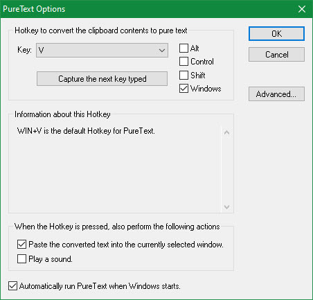 خيارات PureText في Windows