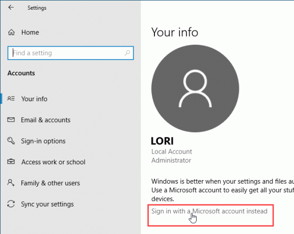 تسجيل الدخول باستخدام حساب Microsoft بدلاً من ذلك في إعدادات Windows 10