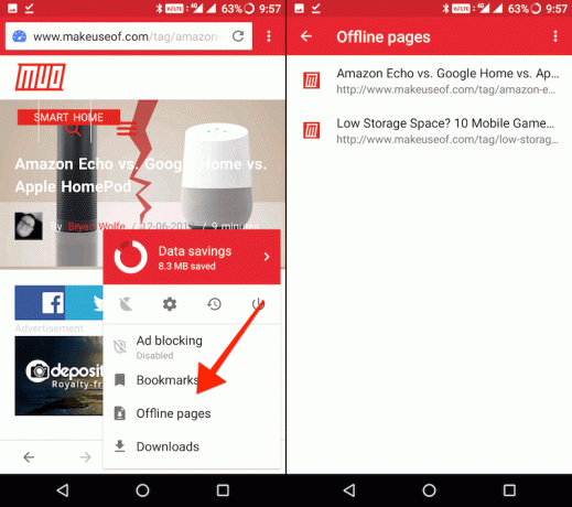 حفظ الصفحات دون اتصال مع Opera mini - قسم الصفحات غير المتصلة