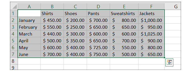 حدد البيانات في Excel