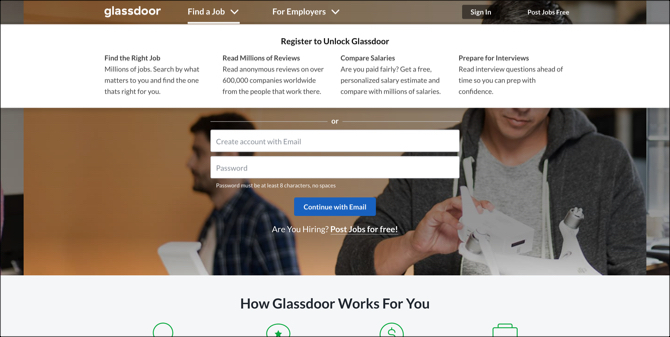 الصفحة الرئيسية للبحث عن وظيفة Glassdoor