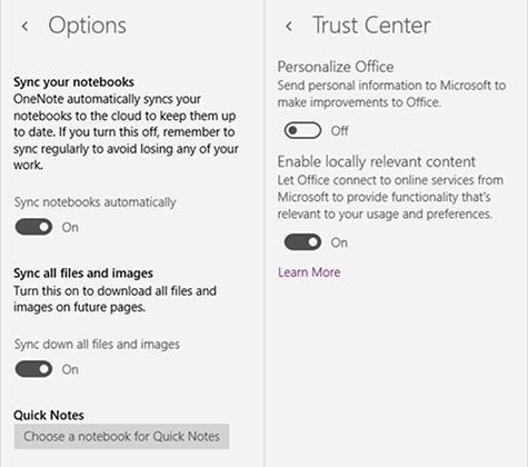 إعدادات onenote-features-windows-settings