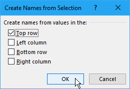 إنشاء أسماء من مربع حوار التحديد