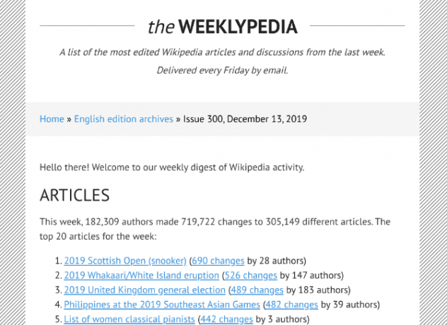 The Weeklypedia عبارة عن خلاصة إخبارية تسرد المقالات التي حصلت على أكبر عدد من التغييرات على ويكيبيديا في الأسبوع الماضي ، بالإضافة إلى مقالات جديدة ومناقشات نشطة
