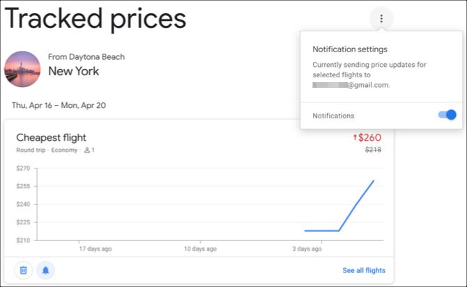 إخطارات الأسعار تتبع رحلات الطيران من Google