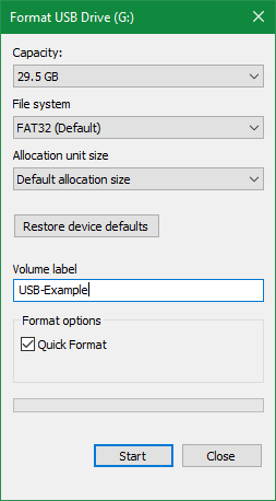 محرك أقراص USB بتنسيق Windows 10 Format