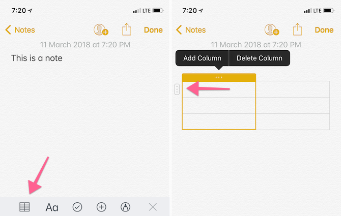 ميزات Apple Notes - إنشاء جدول