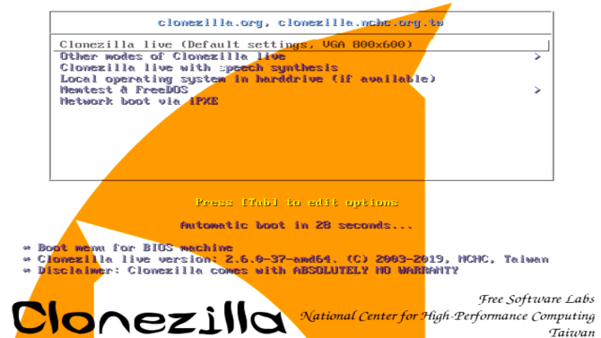 قائمة خيارات clonezilla