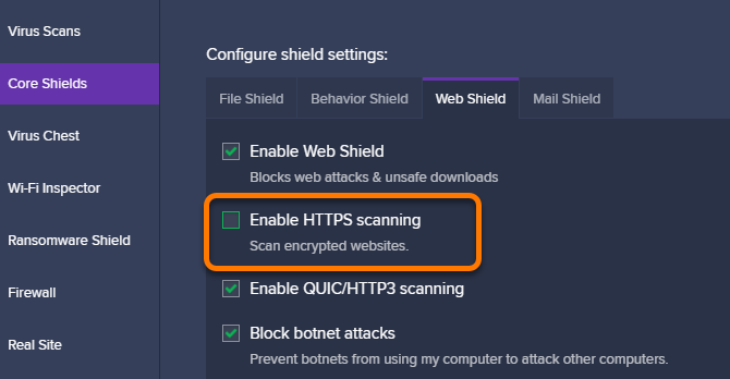 برنامج Avast HTTPS Scanning