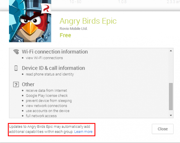 مثال Angry Birds - يمكن للتطبيقات إضافة أذونات