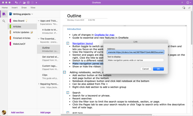 أدخل الارتباط إلى صفحة OneNote