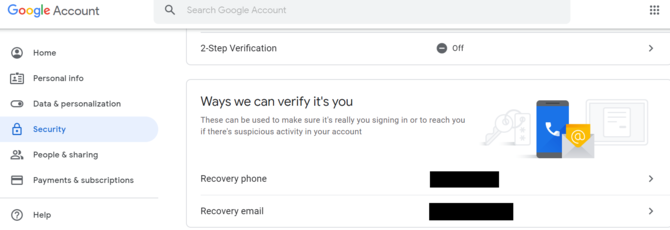 إعدادات أمان Google محو رقم الهاتف