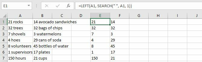 الجمع بين LEFT و SEARCH وظائف لفصل النص والأرقام في Excel.