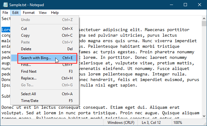 البحث باستخدام Bing في المفكرة