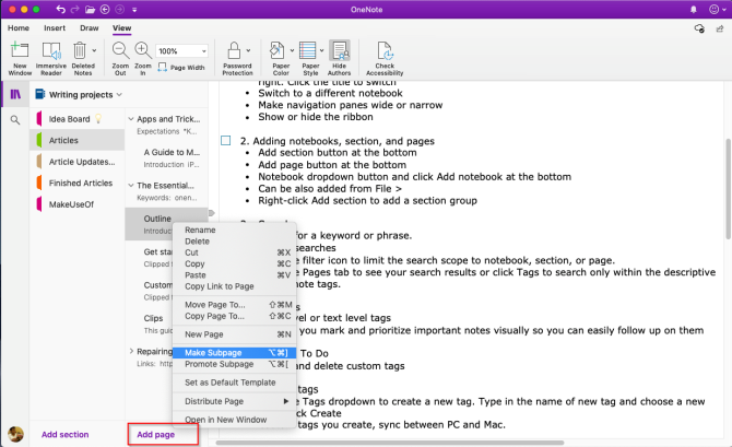 إضافة صفحات وإنشاء صفحات فرعية في OneNote