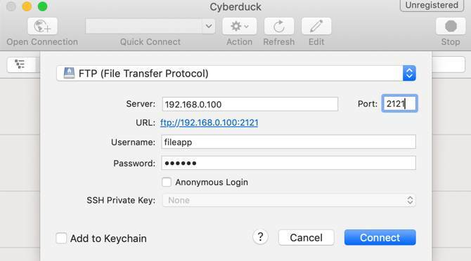 الاتصال بـ FileApp في CyberDuck