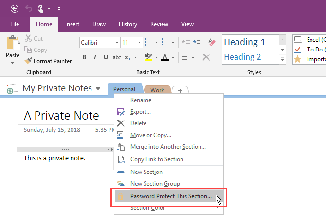 حدد كلمة مرور حماية هذا القسم في OneNote 2016