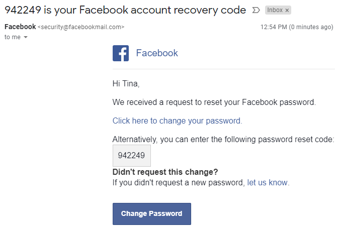 فيسبوك حساب استرداد رمز البريد الإلكتروني