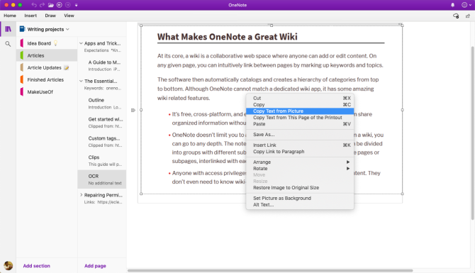 التعرف الضوئي على الحروف في OneNote Mac