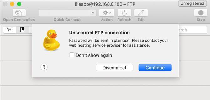 تحذير FTP غير آمن في CyberDuck