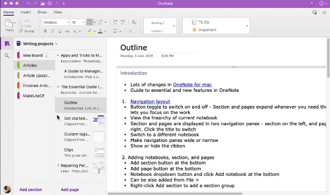تغيير حجم جزء التنقل في OneNote Mac