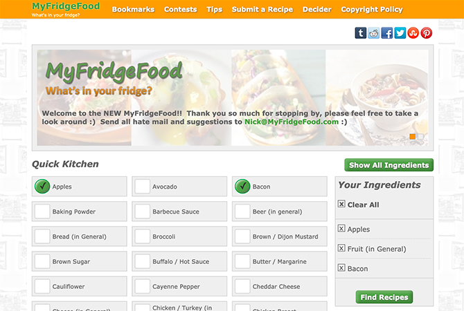 MyFridgeFood البحث عن وصفات مع المكونات لديك