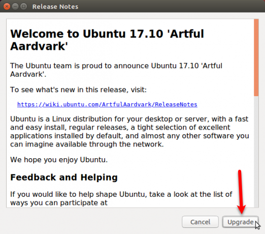 مربع حوار ملاحظات الإصدار للترقية إلى Ubuntu 17.10